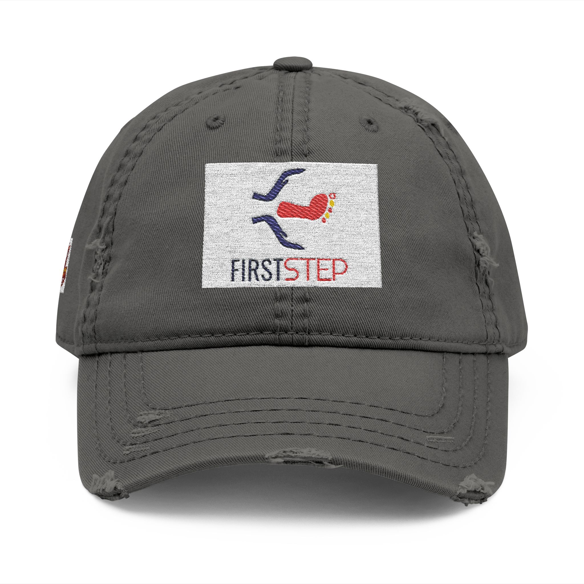 Distressed Embroidered Dad Hat — "First Step" Logo Cap